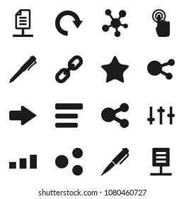 Flat vector icon set - pen vector, sorting, settings, touchscreen, social media, favorites, menu, share, arrow, redo, chain, network document