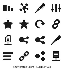 Flat vector icon set - pen vector, sorting, settings, social media, favorites, menu, share, redo, chain, network document