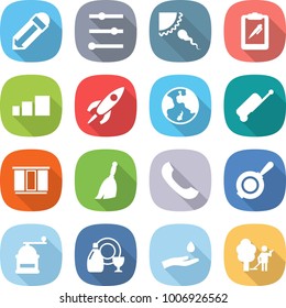 flat vector icon set - pencil vector, equalizer, sperm, clipboard pen, sorting, rocket, earth, suitcase, wardrobe, broom, phone, pan, hand mill, dish cleanser, and drop, garden cleaning