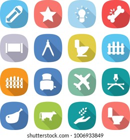 flat vector icon set - pencil vector, star, bulb, broken bone, fence, drawing compasses, toilet, toaster, plane, pen, chicken leg, cow, harvest