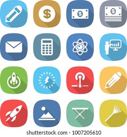 flat vector icon set - pencil vector, dollar, money, mail, calculator, atom, presentation, rocket, lightning, laser, landscape, iron board, rake