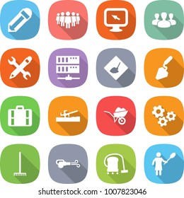 flat vector icon set - pencil vector, team, monitor arrow, group, wrench, server, under construction, suitcase, soil cutter, wheelbarrow, gears, rake, blower, vacuum cleaner, woman with duster