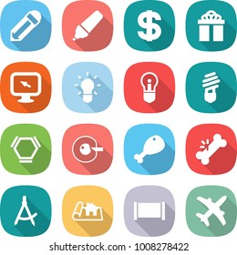 flat vector icon set - pencil vector, marker, dollar, gift, monitor arrow, bulb, hex molecule, cell corection, chicken leg, broken bone, draw compass, project, fence, plane