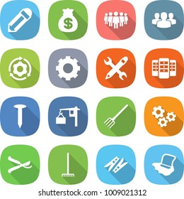 flat vector icon set - pencil vector, money bag, team, group, around gear, wrench, server, nail, loading, fork, gears, pruner, rake, clothespin, floor washing