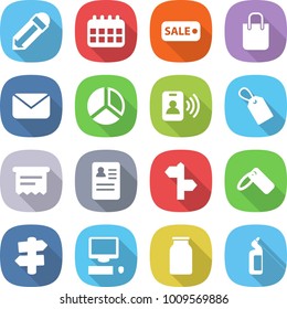 flat vector icon set - pencil vector, calendar, sale, shopping bag, mail, diagram, pass card, label, atm receipt, anamnesis, signpost, computer, bank, toilet cleanser