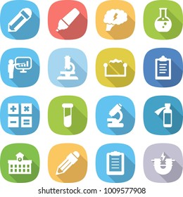 flat vector icon set - pencil vector, marker, brain, round flask, presentation, microscope, electrostatic, clipboard, calculator, test vial, potion bottle, university, electric magnet