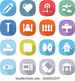 flat vector icon set - pencil vector, heart, laser, journey, nail, minaret, fence, restaurant, shark flipper, cpu, coil, robot, projector, microwave oven, croissant, warehouse