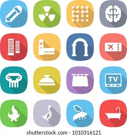 flat vector icon set - pencil vector, nuclear, chip, brain, skyscrapers, church, arch, ticket, antique column, service bell, curtain, tv, fire, goose, wasp, bath