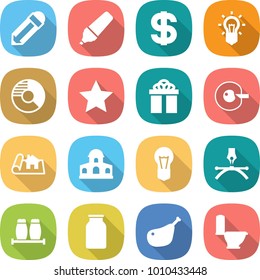 flat vector icon set - pencil vector, marker, dollar, bulb, circle diagram, star, gift, cell corection, project, mansion, drawing pen, salt pepper, bank, chicken leg, toilet
