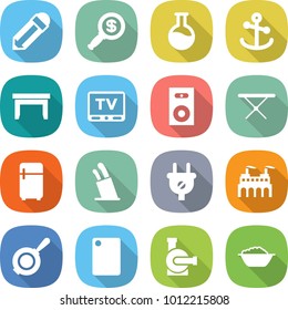 flat vector icon set - pencil vector, dollar magnifier, flask, anchor, table, tv, speaker, iron board, fridge, stands for knives, plug, factory, pan, cutting, water pump, foam basin