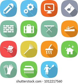 flat vector icon set - pencil vector, gear, monitor arrow, under construction, brick wall, suitcase, iron board, soil cutter, wheelbarrow, rake, vacuum cleaner, house cleaning, gloves, brush