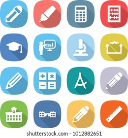flat vector icon set - pencil vector, marker, calculator, abacus, graduate hat, presentation, microscope, electrostatic, draw compass, university, school, ruler