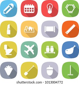 flat vector icon set - pencil vector, calendar, bulb, hex molecule, lipstick, project, fence, ruler, toilet, plane, salt pepper, chicken leg, berry, shovel, acorn, rake
