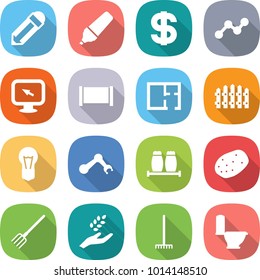 flat vector icon set - pencil vector, marker, dollar, graph, monitor arrow, fence, plan, bulb, robot hand, salt pepper, potato, fork, harvest, rake, toilet