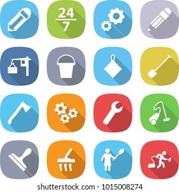 flat vector icon set - pencil vector, 24 7, gear, loading, bucket, rag, shovel, axe, gears, wrench, vacuum cleaner, scraper, woman with duster
