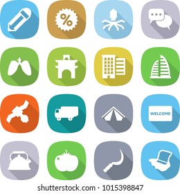 Flat Vector Icon Set - Pencil Vector, Percent, Virus, Discussion, Lungs, Arch, Houses, Skyscraper, Satellite, Shipping, Tent, Welcome Mat, Kettle, Tomato, Sickle, Floor Washing