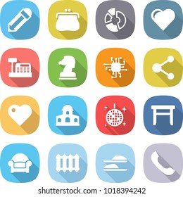 flat vector icon set - pencil vector, purse, circle diagram, heart, cashbox, chess horse, chip, molecule, mansion, disco ball, stool, armchair, radiator, slippers, phone