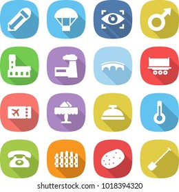 flat vector icon set - pencil vector, parachute, eye identity, male sign, mansion, factory, bridge, truck shipping, ticket, restaurant, service bell, thermometer, phone, fence, potato, shovel