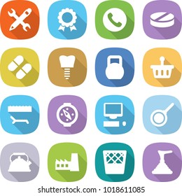 flat vector icon set - pencil wrench vector, medal, phone, pill, tooth implant, heavy, basket, lounger, compass, computer, pan, kettle, factory, trash bin, plunger