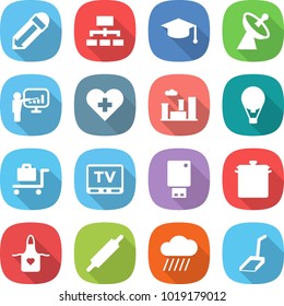 flat vector icon set - pencil vector, hierarchy, graduate hat, satellite antenna, presentation, heart cross, city, air ballon, baggage trolley, tv, usb flash, pan, apron, rolling pin, rain cloud