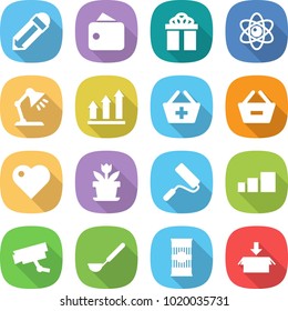 flat vector icon set - pencil vector, wallet, gift, atom, table lamp, graph up, add to basket, remove from, heart, flower, repair, sorting, surveillance camera, ladle, pasta, package
