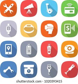 flat vector icon set - pencil wrench vector, telescope, gyroscooter, tap to pay, smart watch, bracelet, virtual mask, mobile, location, remote control, web camera, robot hand, kitchen scales, handle