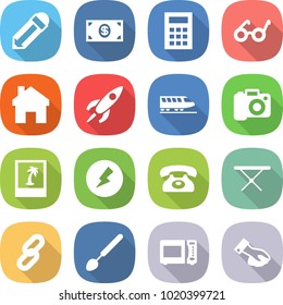 flat vector icon set - pencil vector, money, calculator, pacemaker, home, rocket, train, camera, photo, electricity, phone, iron board, link, big spoon, microwave oven, wiping