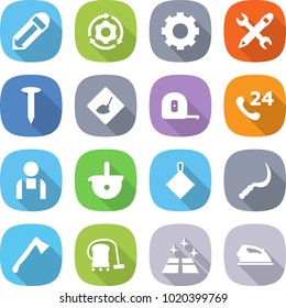 flat vector icon set - pencil vector, around gear, wrench, nail, under construction, measuring tape, phone 24, workman, ladle, rag, sickle, axe, vacuum cleaner, clean floor, iron