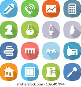 flat vector icon set - pencil vector, call, statistics, calculator, chess horse, round flask, smart watch, spark plug, intestines, bridge, phone, home, power switch, coffee maker, meat hammer