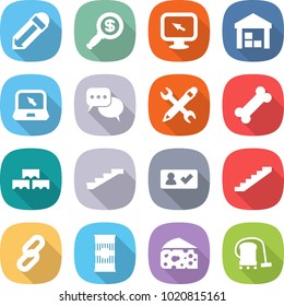flat vector icon set - pencil vector, dollar magnifier, monitor arrow, warehouse, notebook, discussion, wrench, bone, block wall, stairs, check in, link, pasta, cheese, vacuum cleaner