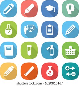 flat vector icon set - pencil vector, marker, graduate hat, bulb head, round flask, presentation, clipboard, copybook, test vial, potion bottle, university, ruler, chemical, charge particle