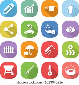 flat vector icon set - pencil vector, diagram, delivery, bulb, molecule, electric car, chemical industry, eye, fence, insurance, welding, conveyor, bbq, fork, thermometer, soap