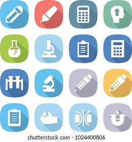 flat vector icon set - pencil vector, marker, calculator, bulb head, round flask, microscope, clipboard, test vial, acid, magnetic field, electric magnet
