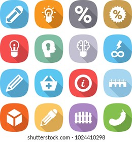 flat vector icon set - pencil vector, bulb, percent, head, brain, infinity power, add to basket, info, bridge, 3d, fence, eggplant