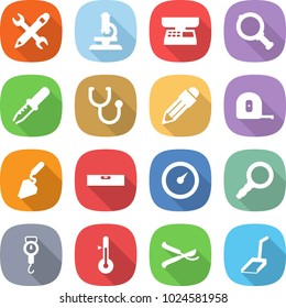 flat vector icon set - pencil wrench vector, microscope, market scales, magnifier, pipette, stethoscope, measuring tape, construction, level, barometer, handle, thermometer, pruner, scoop