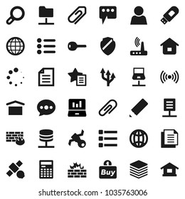 Flat vector icon set - pencil vector, calculator, document, laptop graph, satellite, dry cargo, notebook network, folder, server, big data, menu, shield, firewall, usb modem, router, favorites, user