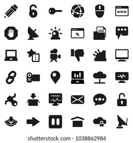 Flat vector icon set - pencil vector, notebook pc, laptop graph, satellite, document, dry cargo, antenna, video camera, finger down, mail, pause button, diagnostic monitor, connection, cloud network