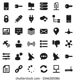 Flat vector icon set - pencil vector, document, laptop graph, satellite antenna, satellitie, mobile phone, speaking man, social media, finger down, mail, diagnostic monitor, connect, folder, menu