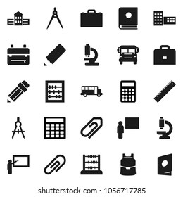 Flat vector icon set - pencil vector, school building, blackboard, ruler, drawing compass, case, backpack, bus, abacus, calculator, microscope, attachment, catalog