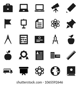Flat vector icon set - pencil vector, school building, ruler, drawing compass, case, apple fruit, atom, telescope, notebook pc, paper pin, medal, certificate, bus, abacus, presentation, world, flag