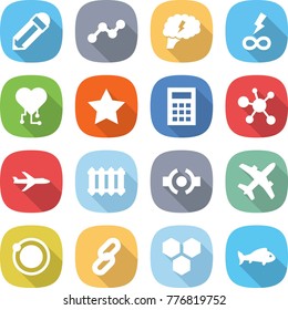flat vector icon set - pencil vector, graph, brain, infinity power, cardio chip, star, calculator, virus, plane, radiator, connect, orbit, link, honeycombs, fish