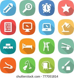 flat vector icon set - pencil vector, dollar magnifier, alarm clock, star, abacus, monitor arrow, notebook, table lamp, block wall, bed, Chair for babies, garlic clasp, walnut crack, vacuum cleaner