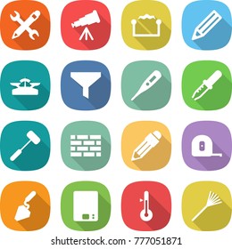 flat vector icon set - pencil wrench vector, telescope, electrostatic, scales, funnel, medical thermometer, pipette, doctors hammer, brick wall, measuring tape, construction, kitchen, rake