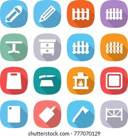 flat vector icon set - pencil vector, fence, table, nightstand, cutting board, fireplace, axe, farm