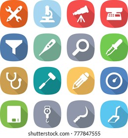 flat vector icon set - pencil wrench vector, microscope, telescope, market scales, funnel, medical thermometer, magnifier, pipette, stethoscope, doctors hammer, barometer, kitchen, handle, sickle