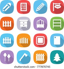 flat vector icon set - pencil vector, abacus, shop signboard, fence, nightstand, dresser, rack, cutting board, trees, axe, spruce