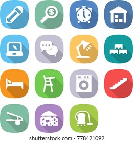 flat vector icon set - pencil vector, dollar magnifier, alarm clock, warehouse, notebook, discussion, table lamp, block wall, bed, Chair for babies, washing machine, stairs, garlic clasp, cheese