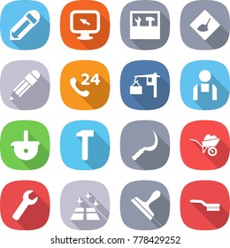 flat vector icon set - pencil vector, monitor arrow, tools, under construction, phone 24, loading, workman, ladle, hammer, sickle, wheelbarrow, wrench, clean floor, scraper, brush
