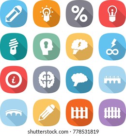 flat vector icon set - pencil vector, bulb, percent, head, brain, infinity power, info, bridge, fence