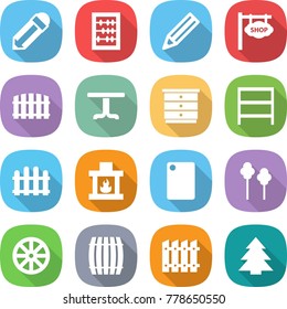 flat vector icon set - pencil vector, abacus, shop signboard, fence, table, chest of drawers, rack, fireplace, cutting board, trees, wheel, barrel, spruce